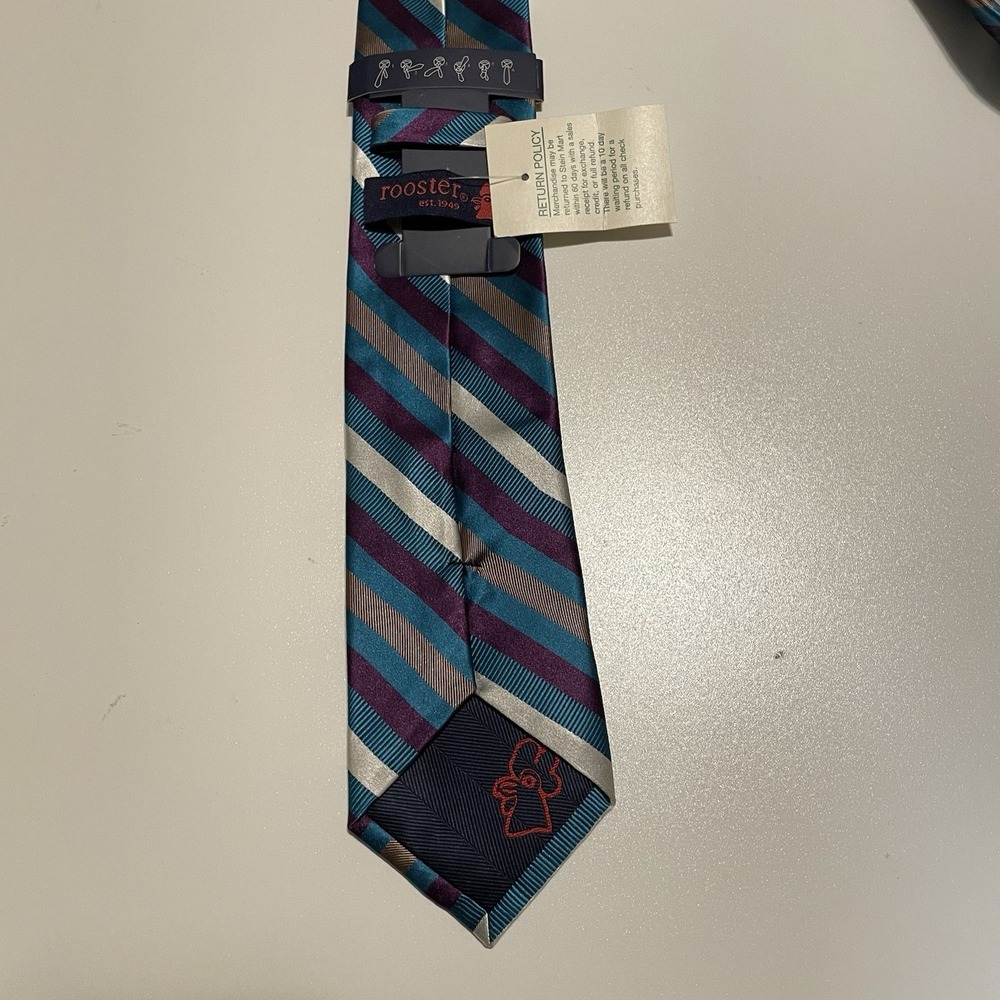 NWT Rooster Men's Striped Tie Blue, Purple,White, Tan - Picture 4 of 8